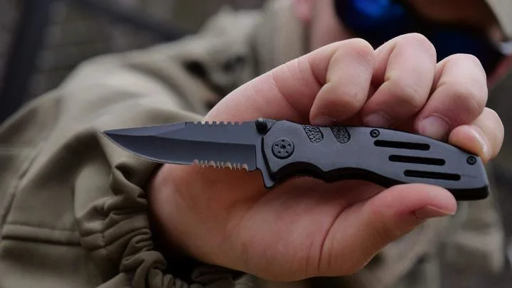 Folding Knife Serrated-Clip Point-Blade and Aluminum-Handle for Outdoor Tactical Survival and EDC